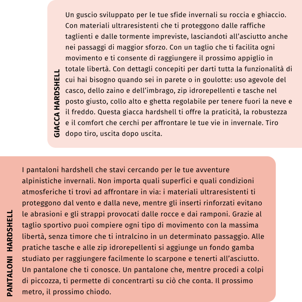 descrizioni prodotto Outdoor, Marketing Jessica Longo 1 Portfolio MountainSportBrand 1